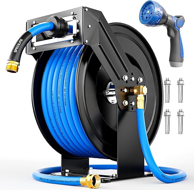 SPECILITE Retractable Hose Reel with 3/4'' Hot/Cold Garden Water Pipe 65ft, -50℉ -190℉, Heavy Duty Metal Wall Mount Spool, with 6ft Lead Hoses, Nozzle, 3/4'' Brass Fittings for Garage, Yard, Blue