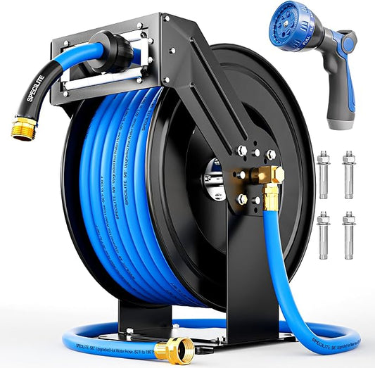 SPECILITE Retractable Hose Reel with 3/4'' Hot/Cold Garden Water Pipe 65ft, -50℉ -190℉, Heavy Duty Metal Wall Mount Spool, with 6ft Lead Hoses, Nozzle, 3/4'' Brass Fittings for Garage, Yard, Blue