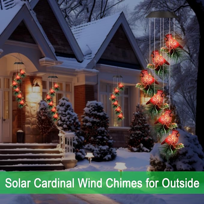 Solar Cardinal Wind Chimes for Outside,Red Bird Danglers Mobile Lights,Waterproof Hanging Outdoor Christmas Decor for Garden Patio Yard