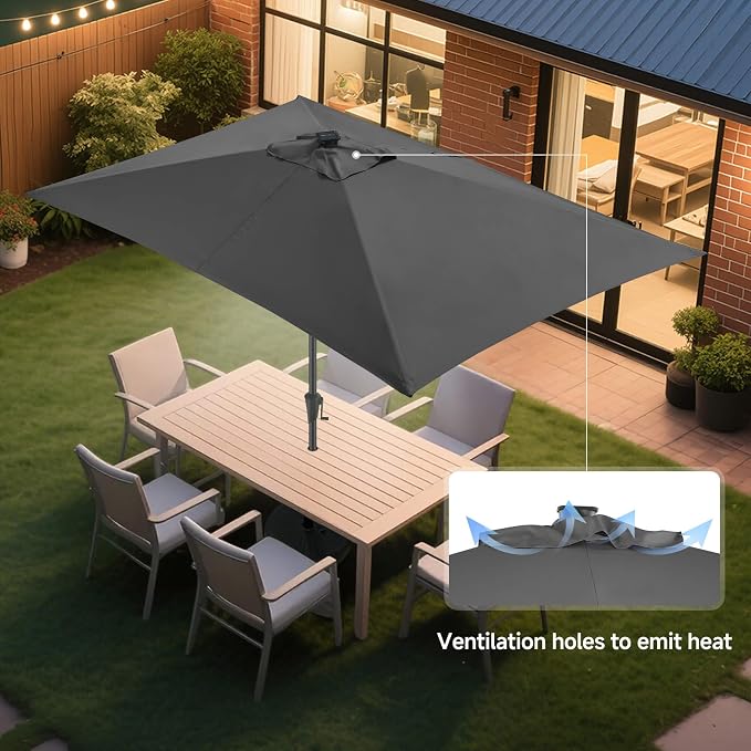 6.5x10 FT LED Lighted Rectangular Solar Patio Umbrella, Rectangular Solar Umbrella Outdoor with Center Ring Light 28 LED Lights, Rectangle Table Umbrella for Deck, Pool, Beach, Anthracite