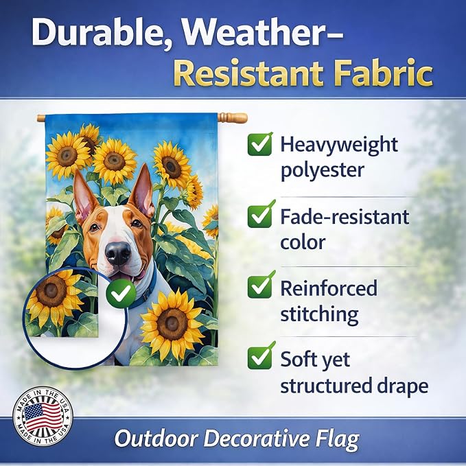 Caroline's Treasures DAC6070CHF English Bull Terrier in Sunflowers House Flag Large Porch Sleeve Pole Decorative Outside Yard Banner Artwork Wall Hanging, Polyester, House Size, Multicolor