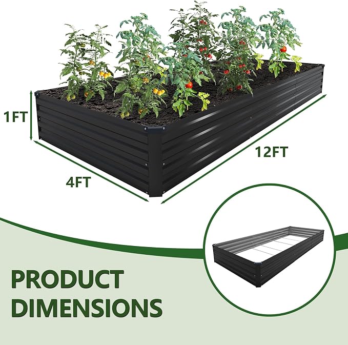 2PCS 12x4x1ft Galvanized Raised Garden Kit,Metal Planter Box,Black | Outdoor Elevated Metal Planter Box For Vegetables, Flowers & Herbs. Rustproof Galvanized Steel, Open Drainage, Easy Assembly