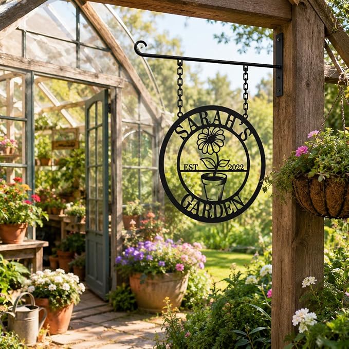 Personalized Garden Sign, Custom Hanging Metal Garden Decor for Outside, Personalized Garden Name Sign with Hook, Outdoor Yard Patio Decor, Gifts for Gardeners, Mom, Grandma, Housewarming