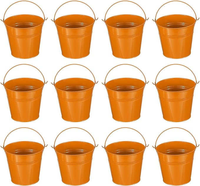 PATIKIL 5"x4.7" Small Metal Buckets with Handle, 12 Pcs Mini Bucket Easter Buckets, Orange