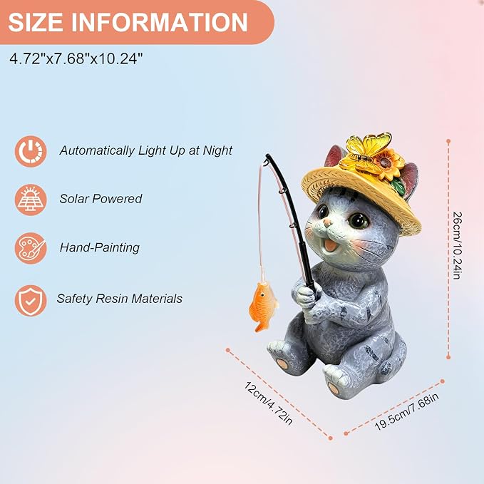 Solar Garden Outdoor Cat Statues with Butterfly, Fishing Cat Figurine Solar Lights Waterproof, Housewarming Birthday Gifts for Cat Lovers Mom Women, Lawn Home Decor for Patio Balcony Yard Ornaments