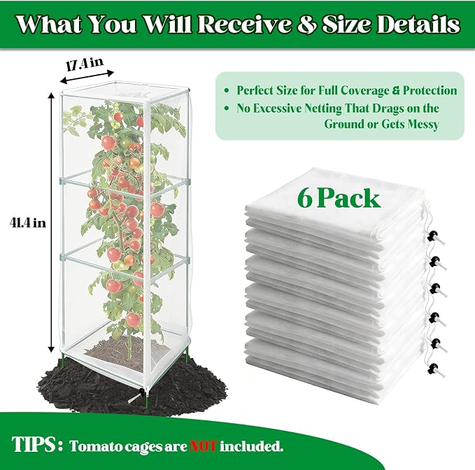 6 Pack Tomato Cage Netting Covers for Square Tomato Cages, 41.4" × 17.4" Fine Mesh Garden Netting with Easy-Access Zipper & Adjustable Drawstring, Durable Bird & Insect Barrier for Tomato Plants