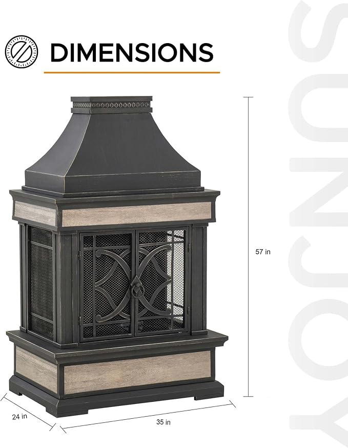 Sunjoy Outdoor Fireplace, Stone Look Tile Patio Wood Burning Steel Fireplace with Chimney, Spark Screen, Fire Poker, Rain Cover, and Removable Grate, Black with Golden Highlight