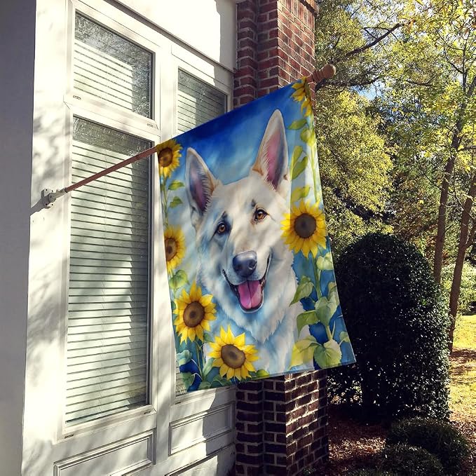 Caroline's Treasures DAC6083CHF White German Shepherd in Sunflowers House Flag Large Porch Sleeve Pole Decorative Outside Yard Banner Artwork Wall Hanging, Polyester, House Size, Multicolor