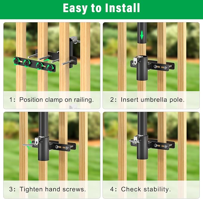 Heavy Duty Deck Railing Umbrella Holder, Adjustable Patio Umbrella Stand for 1-2 Inch Poles, Secure & Sturdy Railing Mount, Maximizes Deck Space