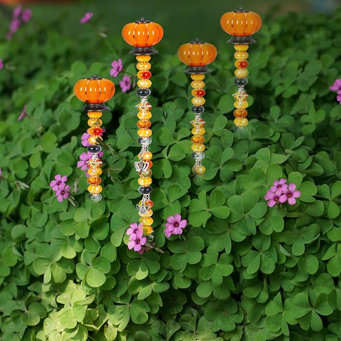 Prefdo DIY Fairy Wand Garden Stake - Autumn Pumpkin 4-Pack | 4 Toppers, 4 Rods, 80 Beads, 12 Silver Pendants. Outdoor Décor for Halloween Fall Christmas. DIY fairy wand or plant stake.