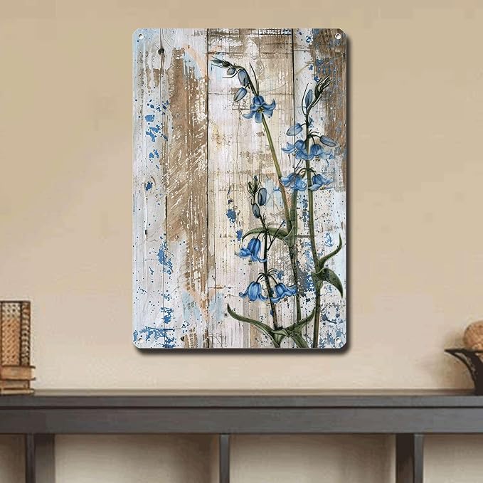 Metal Sign Tin Sign Vintage Wall Art Shabby Chic Bluebell Tin Sign for Woodland Enchantment Rustic Wall Art and Distressed Wood Panels Gardening Decor Gift for Club 6×8 Inches