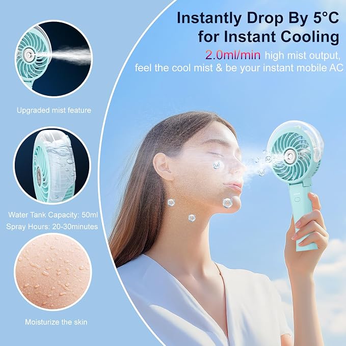 HandFan 4000mAh Handheld Misting Fan, 50ml Water Tank, Rechargeable Personal Mister Fan Portable AC, Spray Water Mist Fans, Foldable Cooling Ice Fans for Beach, Travel, Outdoors(Light Blue)