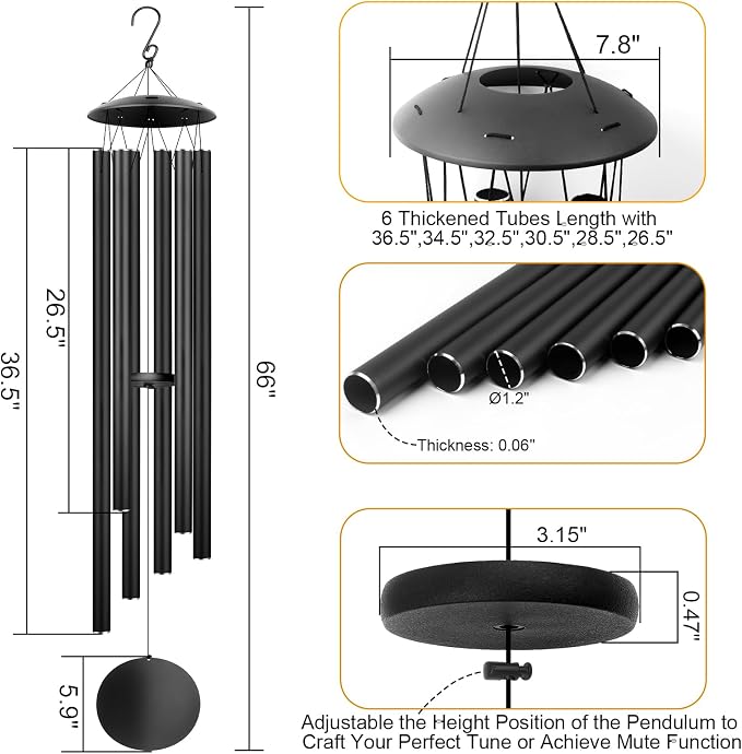 66" Large Wind Chimes for Outside Deep Tone, 6 Thickened ⌀ 1.2" Tubes Tuned Relaxing Melody Wind Chime, Windchimes Outdoors for Garden Patio Decor, Great Gift Idea for Your Loved One (Black, 66")