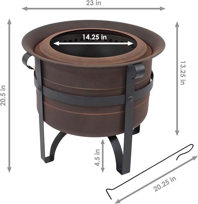 Sunnydaze 23-Inch Cauldron-Style Smokeless Wood-Burning Fire Pit with Cover and Poker - Steel Outdoor Smokeless Fire Pit for the Backyard