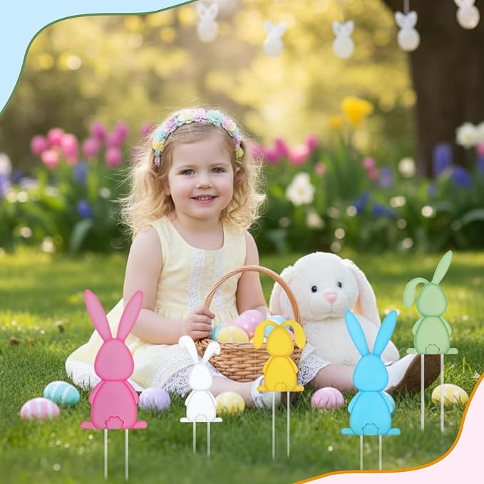 Pickmesh 6 Pcs 14'' H Easter Outdoor Decorations Easter Yard Sign Metal Bunny Yard Stake Multicolored Rabbits Barn Garden Stake for Planter Pot Spring Walkway Pathway Lawn Decor