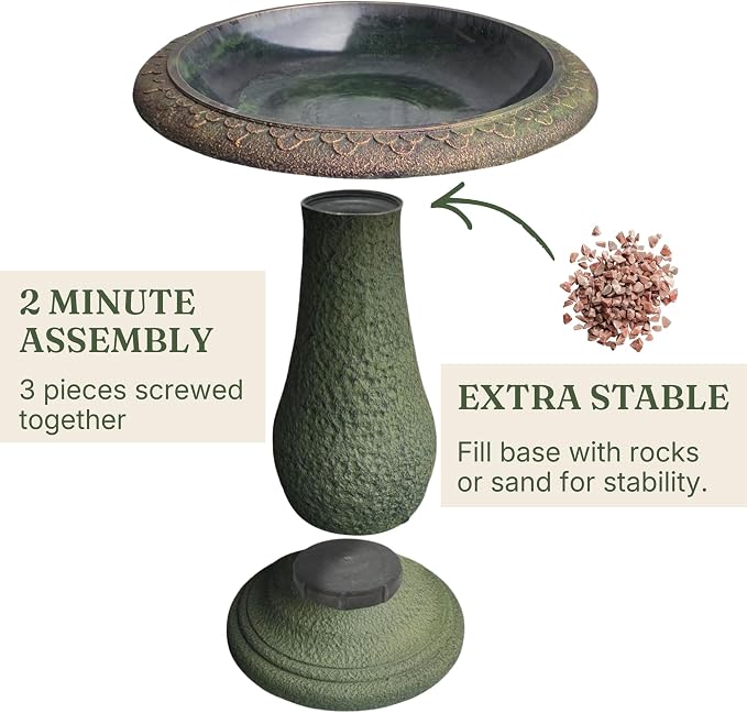 Tall Bird Bath for Outside 23 Inch Roman Green - Stone-Resin Composite Pedestal Birdbath Bowl - Decorative Standing Outdoor Garden Decor for Front Porch Patio Yard Backyard Lawn Ornament