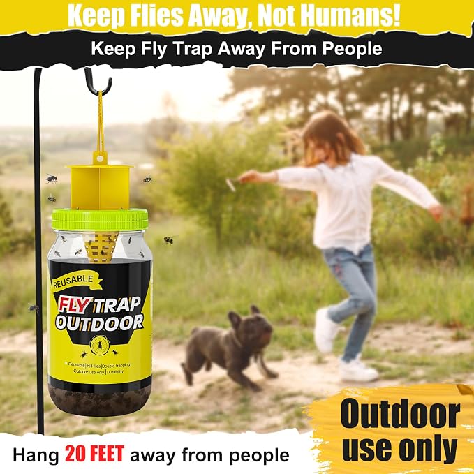 4 Fly Traps Outdoor Fly Trap for Patio with 4 Dissolvable Bait Refills, Reusable Hanging Bug Catcher Killer Bottle for Outside Bug Control Yard Ranch Barns Stable, Hanging Rope, Brush Included