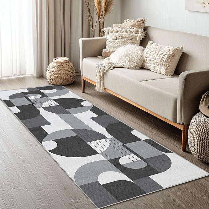 2x6 Black and White Geometric Modern Runner Rug for Kitchen Entryway Hallway Abstract Area Rug Machine Washable Non-Slip Carpet for Bedroom Bathroom Bedside