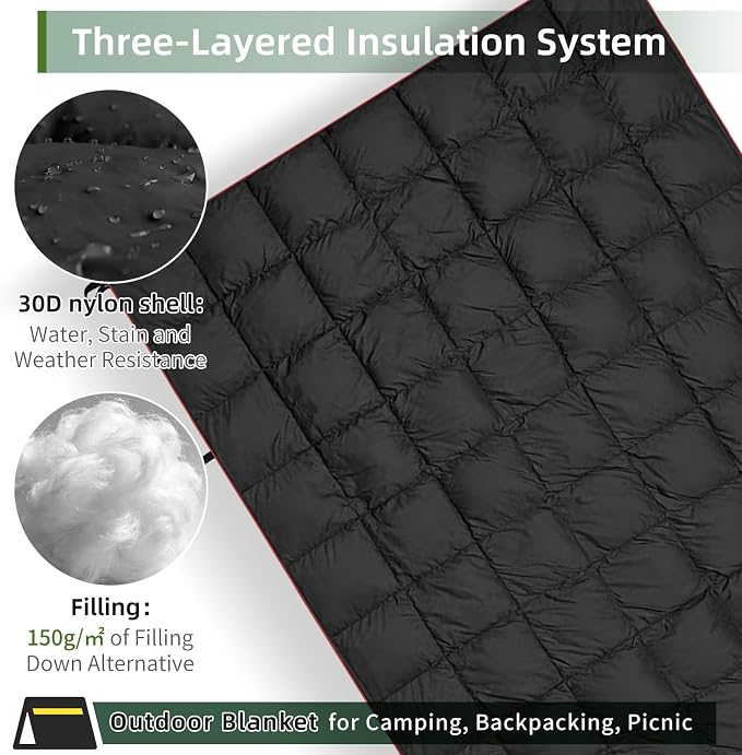 Outdoor Puffy Camping Blanket, Packable Outdoor Blanket Waterproof Down Alternative for Camping, Hiking, Backpacking, Traveling, Picnic, Beach, Lawn, Stadium (Black, 55 * 79'')