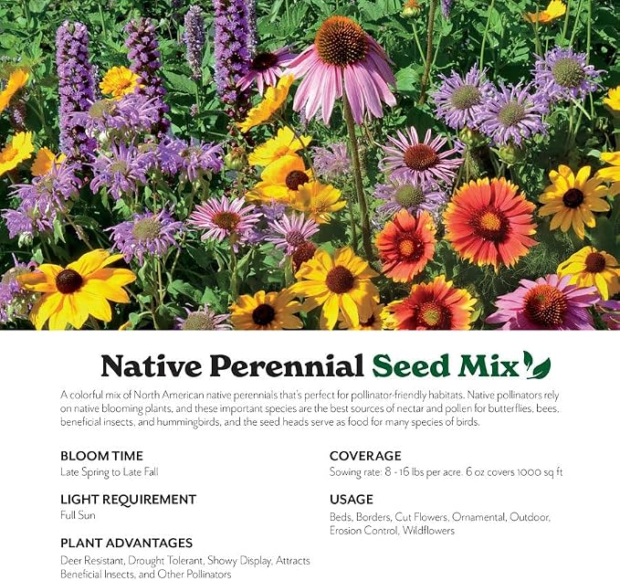 Grow Your Own Vibrant Perennial Wildflower Garden Seeds Mixture, Varieties for Pollinators and Spring Gardens - Native Perennial Mix, 5 lbs