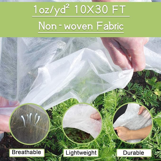 Plant Covers Freeze Protection Kit, 10 x 30Ft Frost Cloth and 6Pcs Fiberglass Garden Hoops 1oz/yd² Floating Row Cover with Greenhouse Hoops Frost Blanket for Winter Garden Covers for Raised Beds
