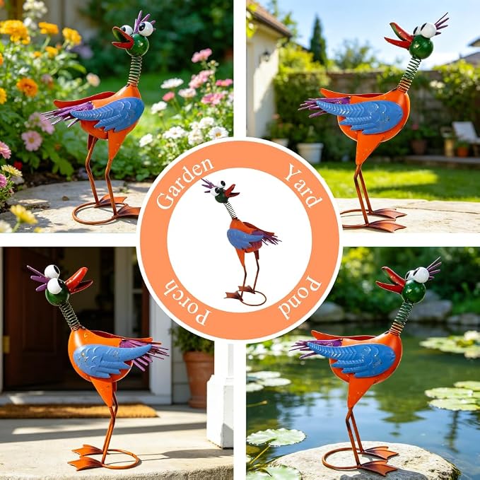 Metal Wacky Rooster Garden Statue for Patio, Backyard, Lawn | 16.54'' Rooster Decor, Yard Statue Decorations Outdoor, Chicken Yard Art, Yellow & Blue