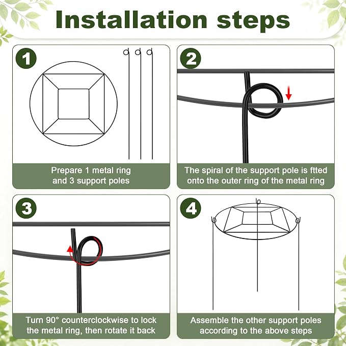 8 Pack Peony Cages and Supports with 100 Cable Ties and a Pair of Scissors, 12" D x 16" H Heavy Duty Metal Plant Support Rings with 3 Legs, Rustproof Garden Support Hoops for Peony, Hydrangea, Tomato