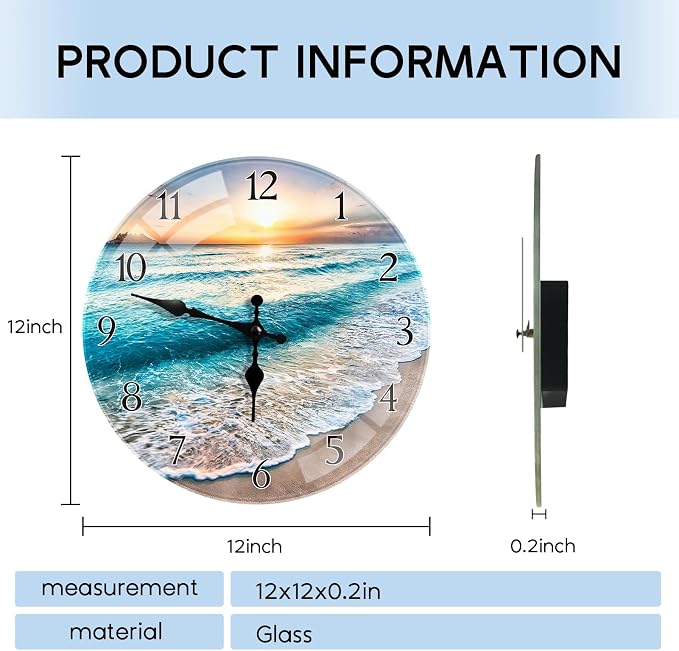 Britimes Round Wall Clock Silent Non-Ticking Battery Operated Outdoor Waterproof Glass Clock 12 Inch, Beach Sunset Summer Sea Home Decor for Living Room, Bathroom, Kitchen, Bedroom, and Office