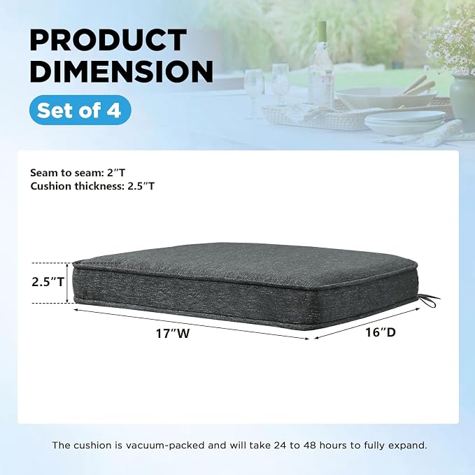 17 x 16 Inch Outdoor Chair Cushions with Tie Straps, Set of 4 Thick Water Repellent Round Patio Chair Pads for Garden Lawn Patio Furniture, Grey Linen Stripe