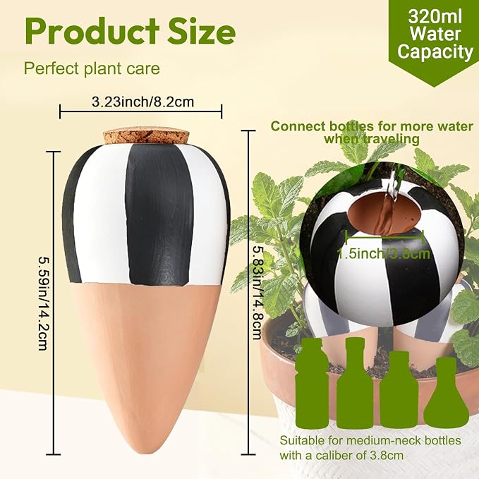 4 Pack Terracotta Watering Spikes, Plant Watering Devices Wine Bottle Automatic Plant Self Watering Spikes for Vacations, Clay Self-Watering Stakes for Indoor Outdoor Plants