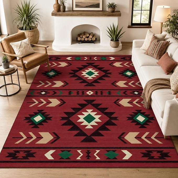 8x10 Area Rug for Living Room Western Rug Southwestern Aztec Tribal Rugs Southwest Navajo Machine Washable Non-Slip Printed Low-Pile Floor Carpet for Bedroom Dining Room Office, Red