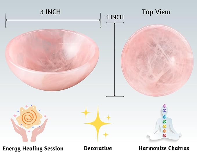 Rose Quartz Crystal Bowl - 3 Inch Decorative Bowls for Room and Home Decor - Gemstone Healing Crystals for Elegant Display, Positive Energy Balance and Gift