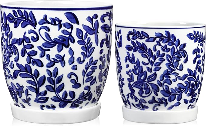 Set of 2 Ceramic Blue and White Plant Pots with Drainage Hole and Saucers, 4.3/5.5 Inches Ceramic Planters Round Flower Pots for Indoor Plants Succulent Cactus Orchid Flower, Indoor Outdoor Decor