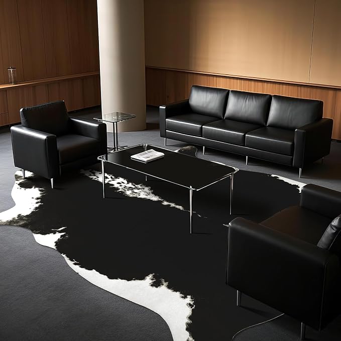 BENRON Faux Cowhide Rug, Cow Print Rug for Living Room Bedroom 5.2x6.2ft | Western cow hide rug for Cowboy Cowgirl Home Decor, Washable Rugs with Irregular Animal Skins and Hides Non Slip, Black