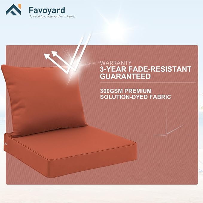 Favoyard Outdoor Seat Cushion Set 22 x 22 Inch Waterproof & Fade Resistant Patio Furniture Cushions with Removable Cover Deep Seat & Back Cushion with Tie Straps for Chair Sofa Couch