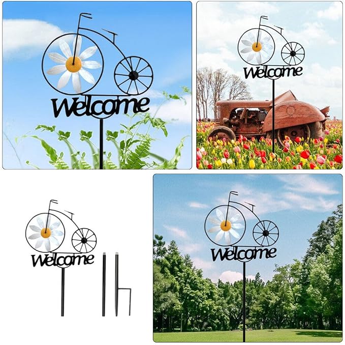 SUPVOX Metal Wind Spinner, Bicycle Wind Spinners Garden Metal Sunflower Stake with Welcome Sign Antique Bike Stake Decoration Outside Garden Decor for Patio Lawn
