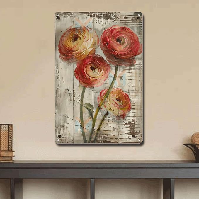 Metal Sign Tin Sign Vintage Wall Art Vintage Ruffled Ranunculus Tin Sign for Shabby Chic Interiors Rustic Elegance and Corrosion Resis Funny Outdoor Decor for Room 12×16 Inches