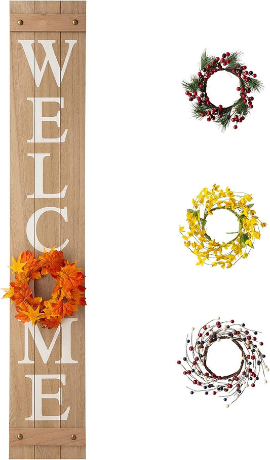 Glitzhome 60”H Welcome Sign with 4 Interchangeable Floral Wreaths for Front Door Porch Farmhouse Wooden Hanging Wall Sign for Seasons Spring Fall Harvest Thanksgiving Christmas