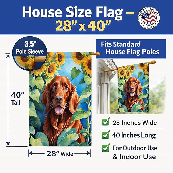 Caroline's Treasures DAC6098CHF Irish Setter in Sunflowers House Flag Large Porch Sleeve Pole Decorative Outside Yard Banner Artwork Wall Hanging, Polyester, House Size, Multicolor