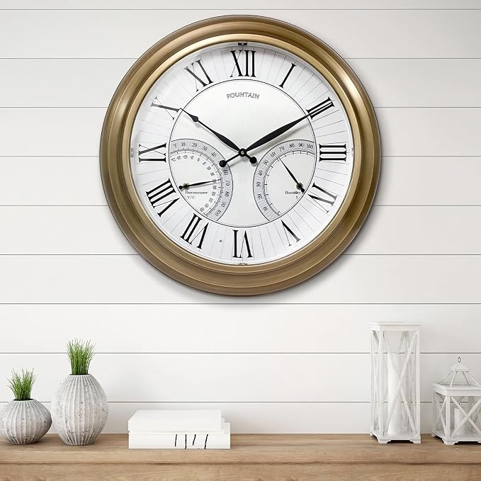 24 Inch in/Outdoor Wall Clock with Temperature and Humidity Combo, Large Outdoor Clock for Patio Large Waterproof with Thermometer,Antique Hamilton Gold Metal