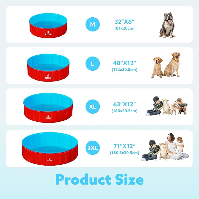 SLOOSH Foldable Dog Kiddie Pool - Portable Hard Plastic Doggie Swimming Pool, Anti-Slip Collapsible Pets Bath Tub Suitable for Kids Toddler Indoor Outdoor Backyard Use (Red, 63" x 12")