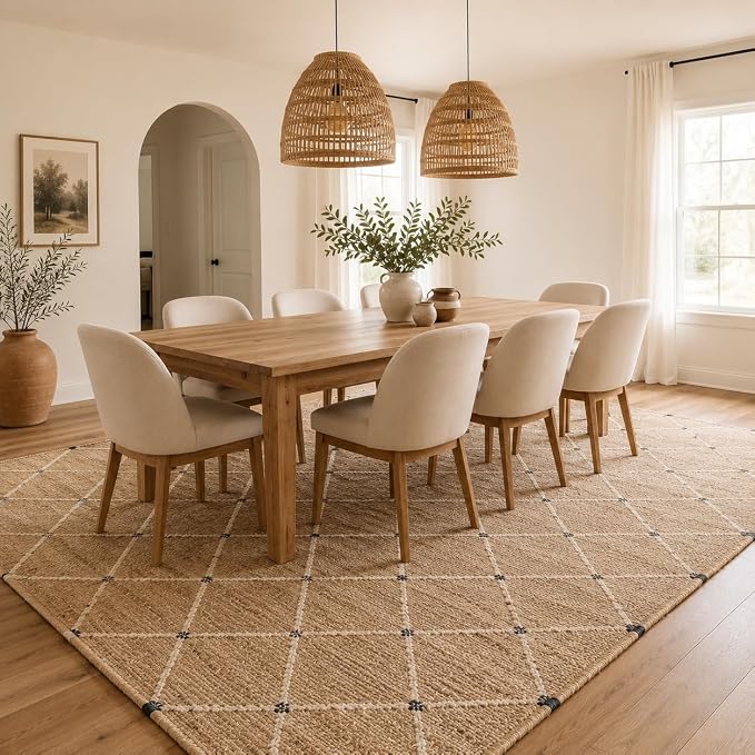 FRELISH DECOR Hand Woven Jute Area Rug 9'x12' - Geometric Design (Natural) | Indoor Natural Fiber Hallway Jute Rug - Rustic Farmhouse Carpet for Kitchen, Entryway, Hallway, Bedroom