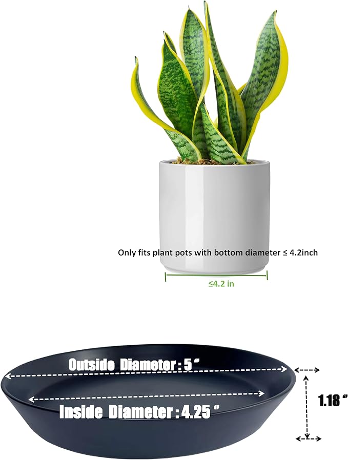 Ceramic Plant Saucer Tray 4 Pcs 4 5 Inch Black, 5" OD x4.25 ID x1.18 Deep| Round Sturdy Heavy Duty Glazed Bevel Planter Drip Flower pots with Catch Basin for Indoor Outdoor Plants