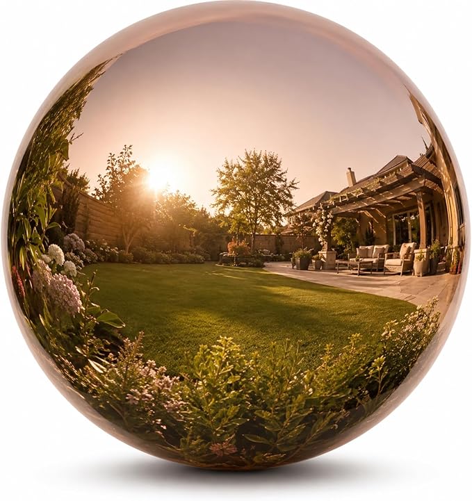 Gazing Ball Garden Mirror Outdoor, 8inch Outside Decorative Globe Rose Gold | Metal Polished Reflective Sphere, Stainless Steel Hollow Decoration Ornament for Home Pond Swimming Pool Housewarming Gift