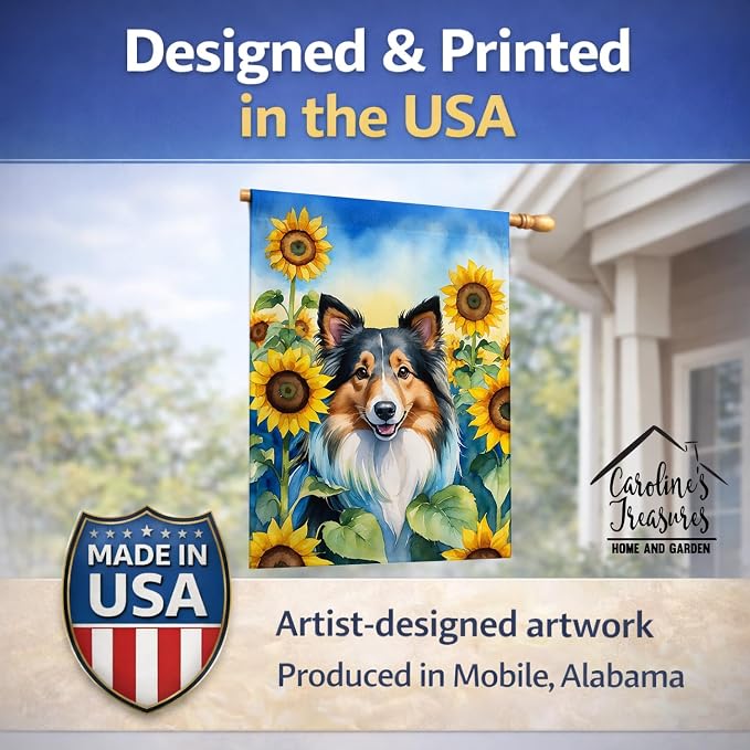 Caroline's Treasures DAC6160CHF Sheltie in Sunflowers House Flag Large Porch Sleeve Pole Decorative Outside Yard Banner Artwork Wall Hanging, Polyester, House Size, Multicolor