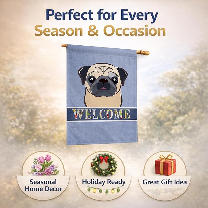 Caroline's Treasures BB1448CHF Fawn Pug Welcome House Flag, Blue Large Porch Sleeve Pole Decorative Outside Yard Banner Artwork Wall Hanging, Polyester, House Size, Multicolor