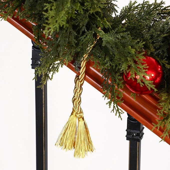 Dingion 20 Pcs Christmas Garland Decorative Banister Ties with Tassel 25.2 Inches Christmas Reusable Twist Ties for Garland Fireplace Staircase Banister Home Xmas Holiday Decorations(Gold)