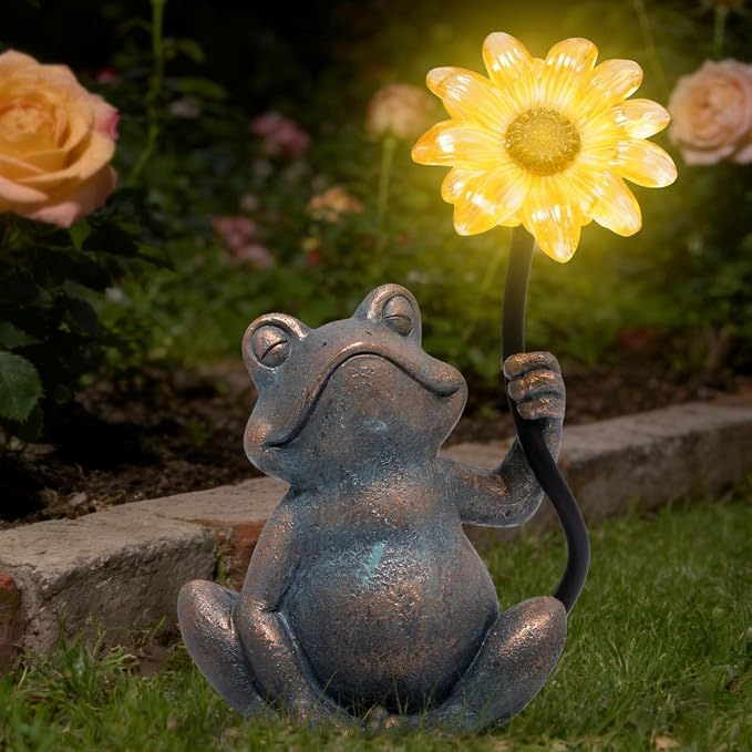basen Solar Frog Statue with Glowing Sunflower Light, Outdoor Garden Frog Figurine Decor for Yard Lawn Patio, Resin Solar Animal Sculpture with LED Light for Garden Landscape, Gift for Mom Grandma
