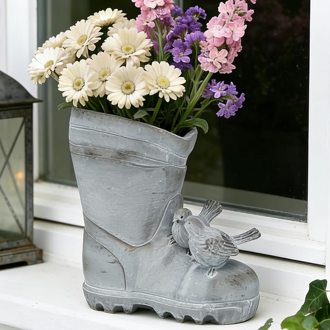 Funny Plant Pots Indoor Outdoor Cement Rain Boot Shaped Planter with Birds Decorative Pot for Flower Succulent Cute Fun Planters Garden Porch Patio Farm Decor Gift for Women