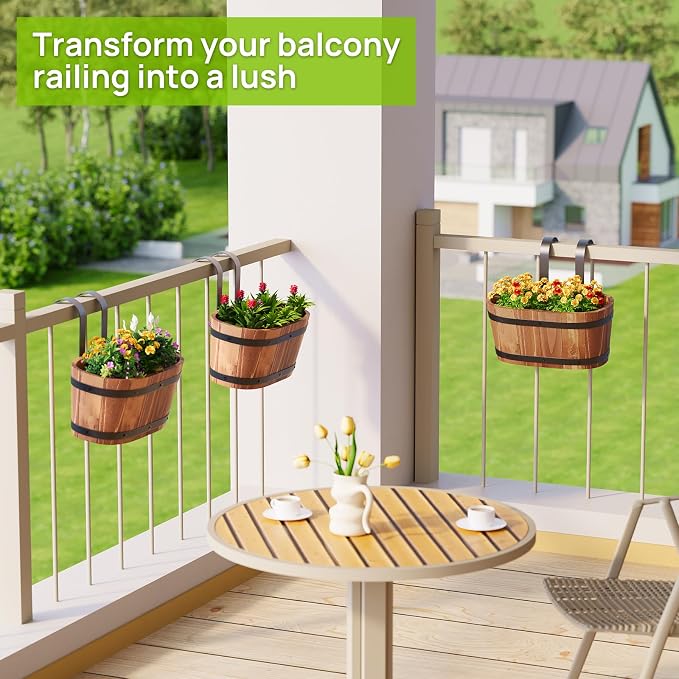 2PACK Cute Railing Planter Boxes Wood Hanging Flower Pots for Railing Fence Outdoor Balcony Planters for Wall Window Flower Box Hanging Bucket Pots Countryside plant Holder (Brown,2pcs,Small)